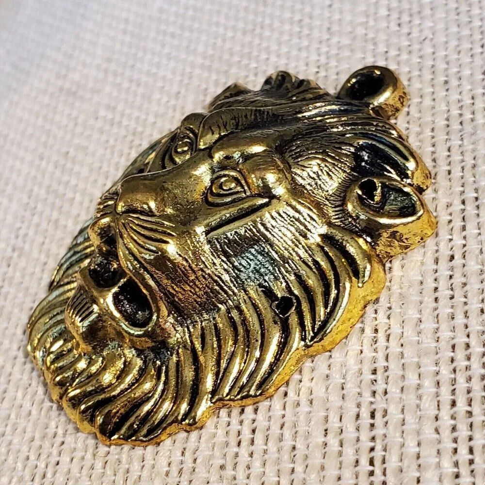 New Vintage 90s Roaring Lion 55x45mm Antique Gold Alloy Metal Statement Pendant